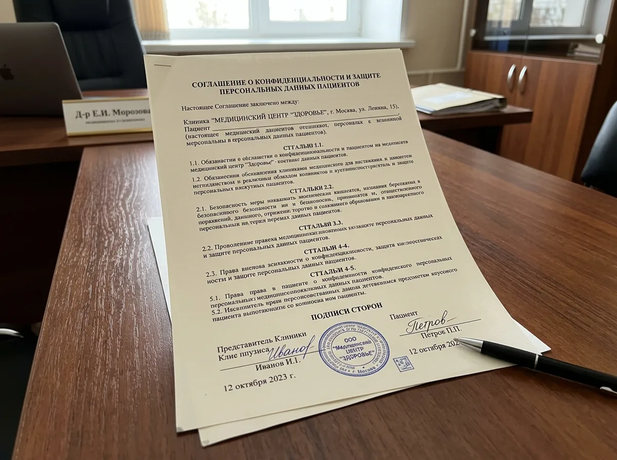 Соглашение о конфиденциальности и защите персональных данных пациентов, юридический документ с печатью
