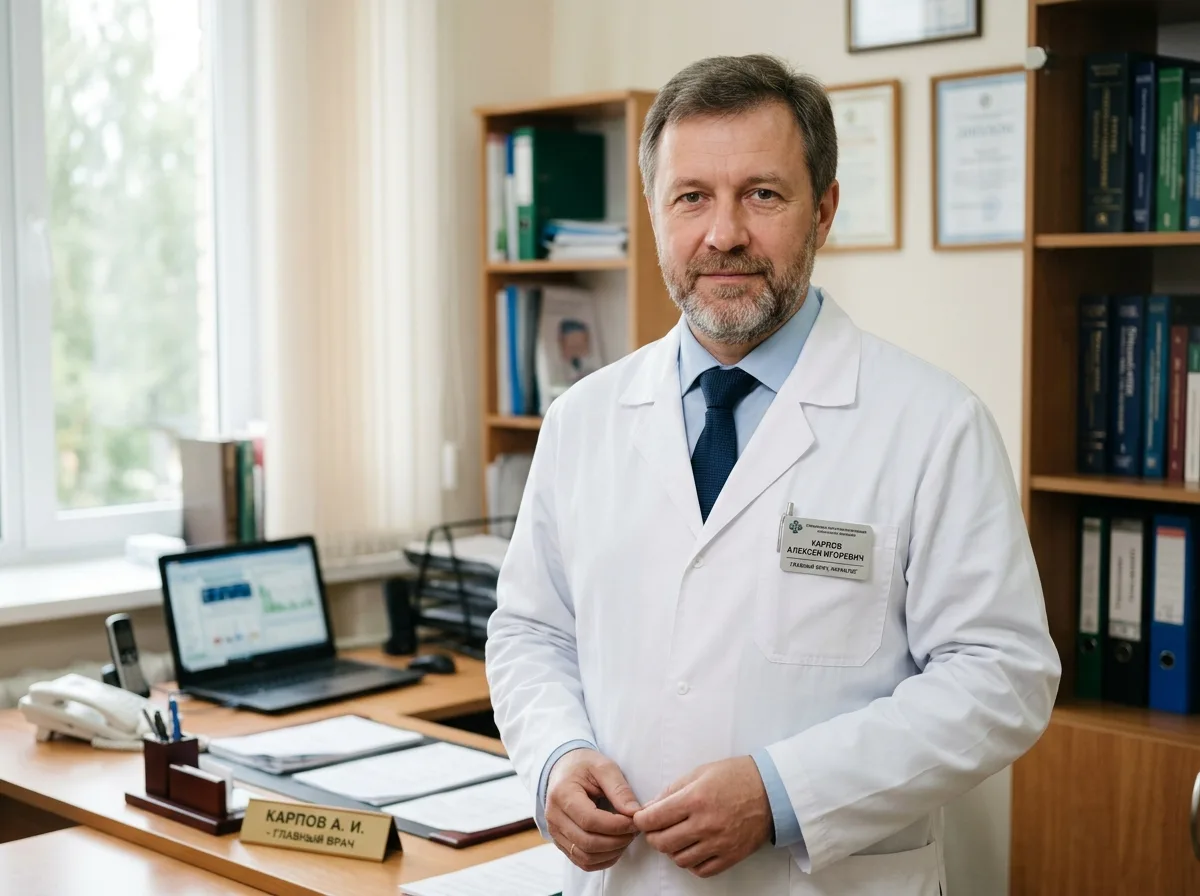 Портрет главного врача-нарколога Карпова Алексея Игоревича в белом халате, кабинет клиники, профессиональный вид, средних лет